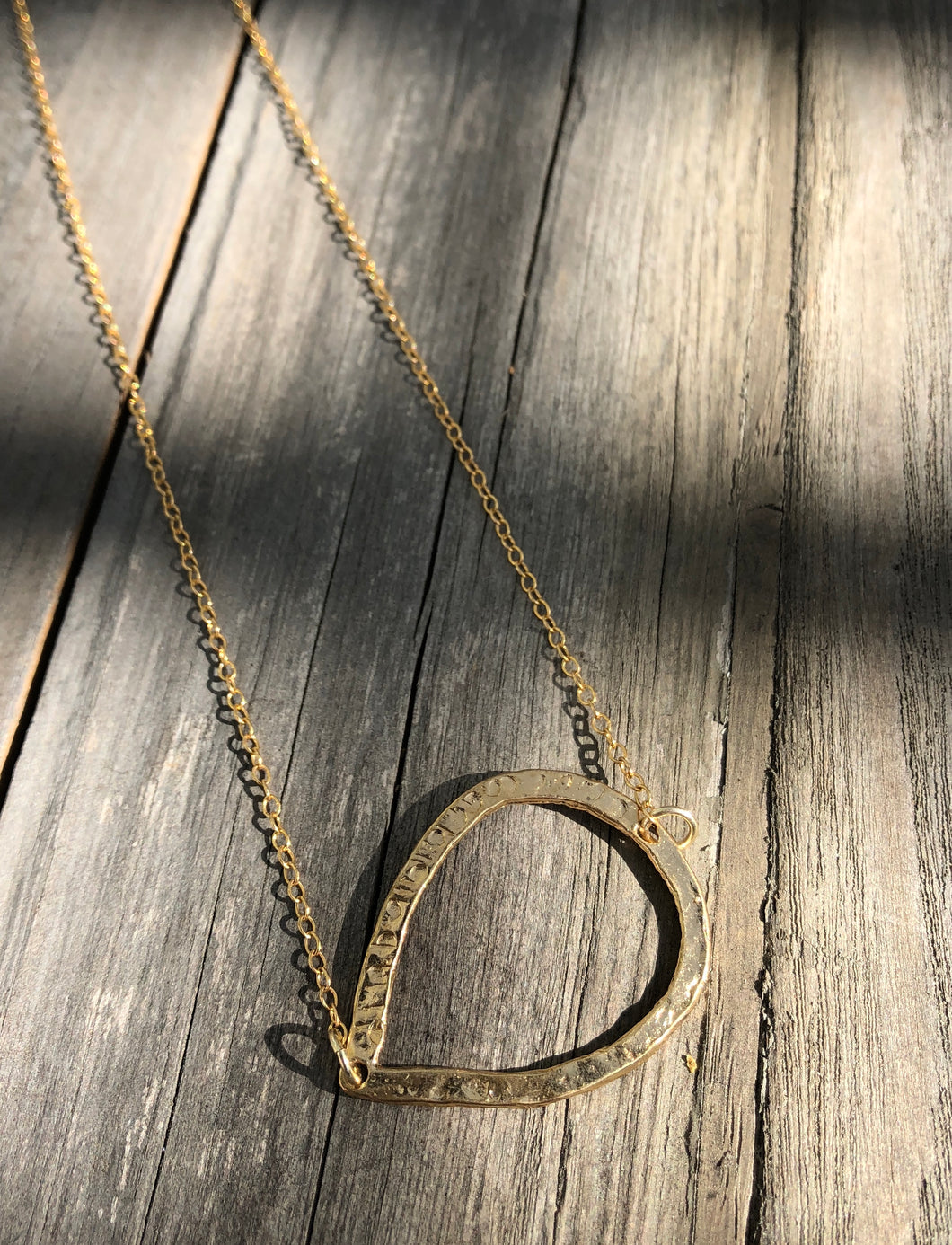 Hammered Gold Horizontal teardrop on 16inch 24k Gold fill chain