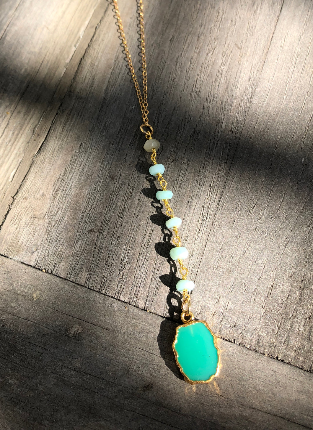 Y necklace 16 inches around the neck with chrysoprase beads and pendant