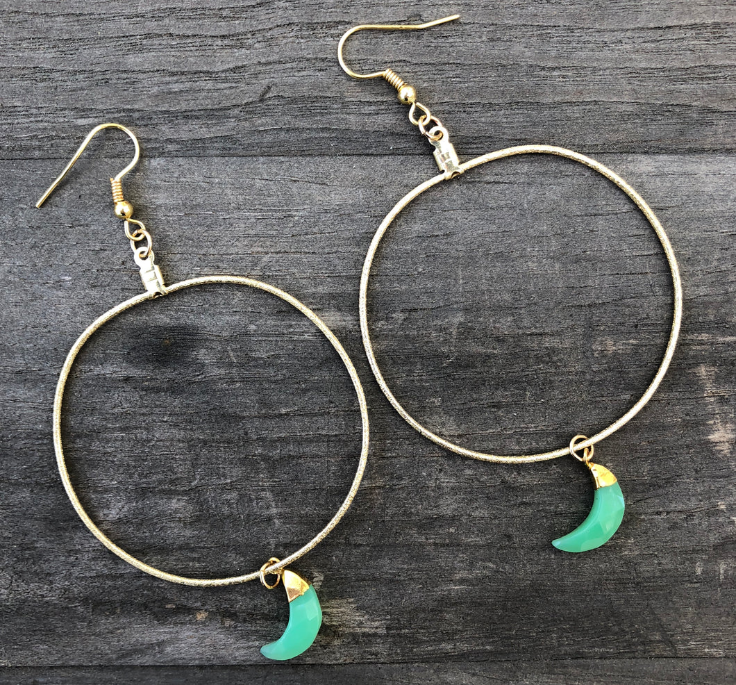 Gold plated hoops 1.5 inches in diameter with Chalcedony bezeled moons