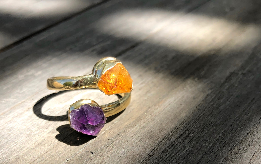 Citrine and Amethyst wrap ring, Gold plated, size 7