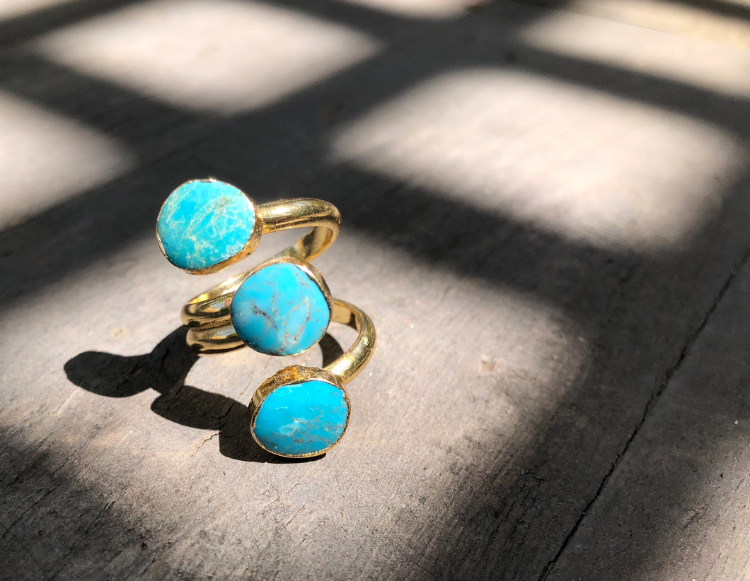 Triple Turquoise wrap Ring, Gold plated, size 6.75