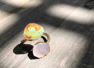 Turquoise and Druze wrap Ring, Gold plated, size 7 adjustable
